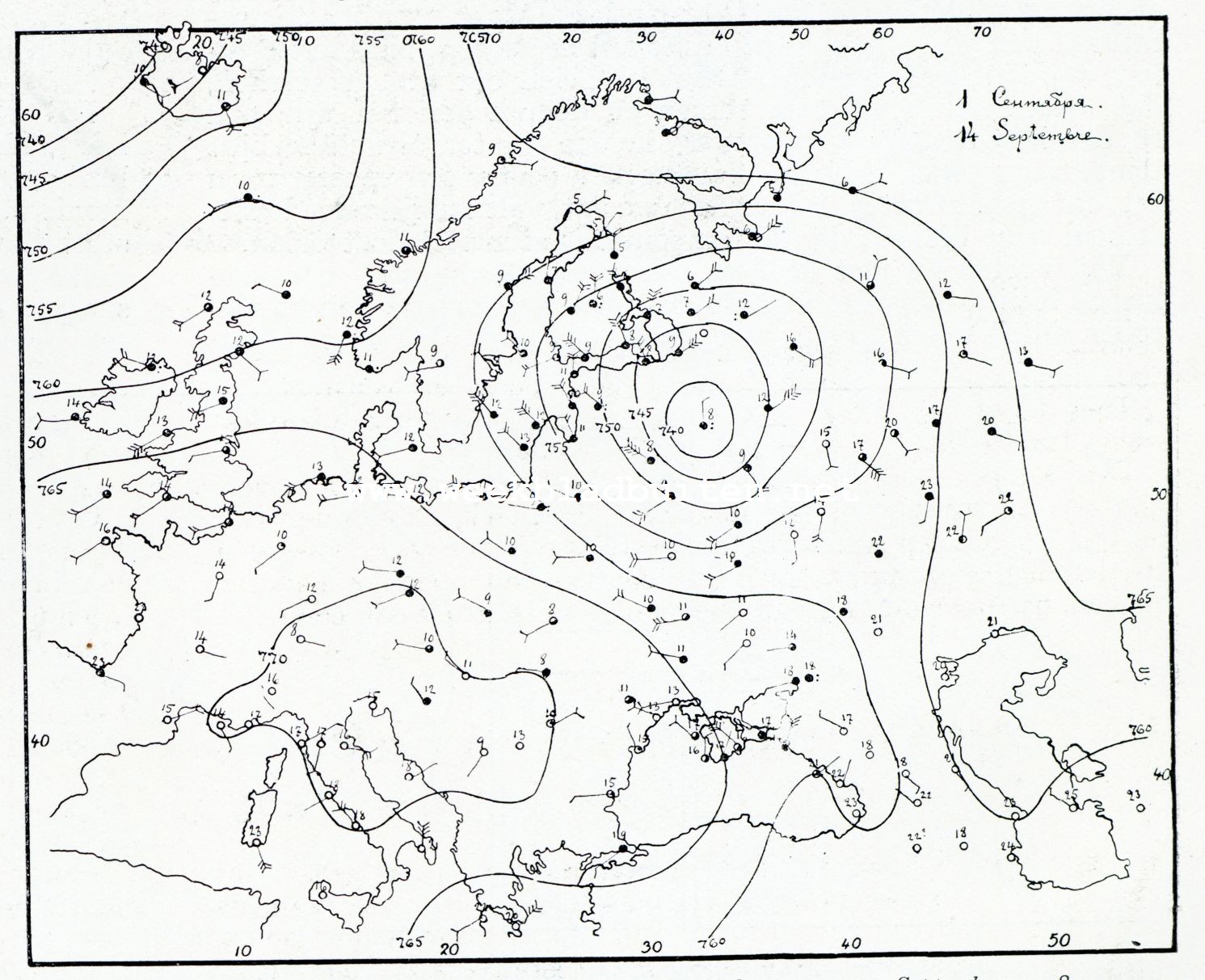 Weerkaartje van het Observatorium Nicolaas te St. Petersburg van 14 September 1908, 9 uur 's avonds. De getrokken lijnen zijn isobaren, de pijltjes geven de windrichting aan, zij vliegen met den wind, de veertjes van de schacht de windkracht, hoe meer streepjes, hoe grooter de windkracht