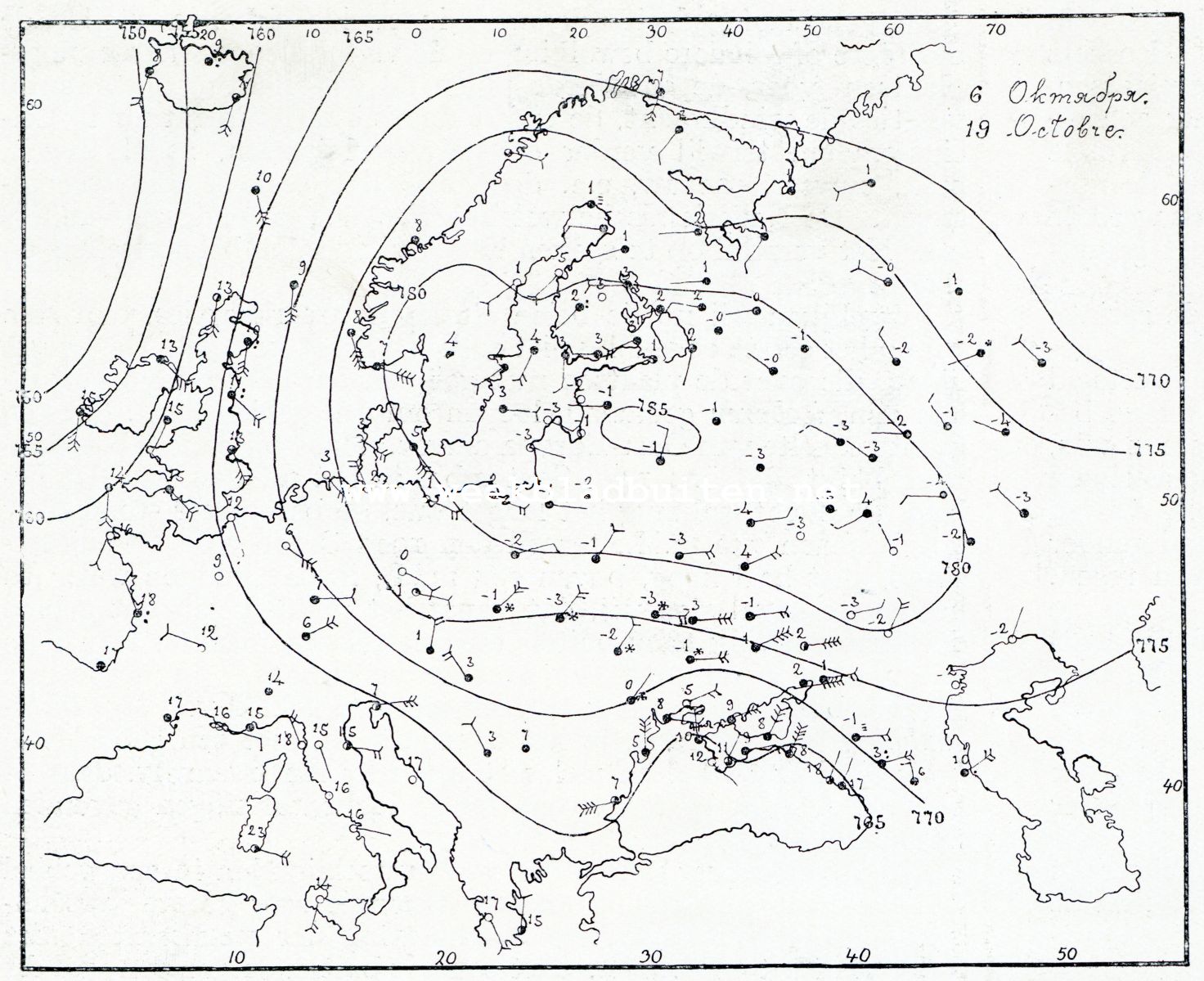 Weerkaartje van het Observatorium Nicolaas te St. Petersburg van 19 October 1908, 9 uur 's avonds. De cirkeltjes geven de bewolking aan, geheel ingevuld betekent bedekte lucht, gedeeltelijk ingevuld gedeeltelijk bedekt. De ingeschreven cijfers geven de temperatuur aan in graden Celsius