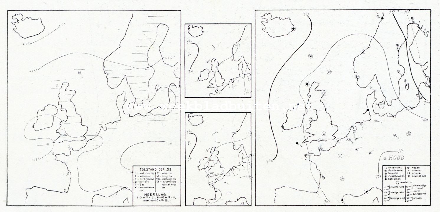 Weerkaartje van het Koninklijk Nederlandsch Meteorologisch Instituut van 2 October 1908, 8 uur v.m. De getrokken lijnen stellen voor: op het kaartje aan de rechterzijde de isobaren, lijnen van gelijke barometerstand. De kleine kaartjes geven de isobaren om 2 en 7 uur namiddag