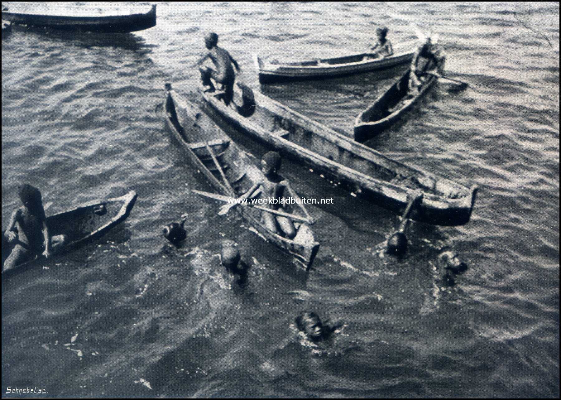 De groote mailbooten die op Engelsch-Indi� varen, doen havens aan, waar de passagiers vergast worden op de krasse toeren van jeugdige duikers, die in de hier afgebeelde kleine kano's rondpagaaiend te water springen, zoodra hen van af de boor geldstukken worden toegeworpen. Onze illustratie oplettend bekijkend, zien we, hoe een duikertje juist een geldstuk opgedoken heeft, terwijl zijn vriendje in de kano het in ontvangst neemt