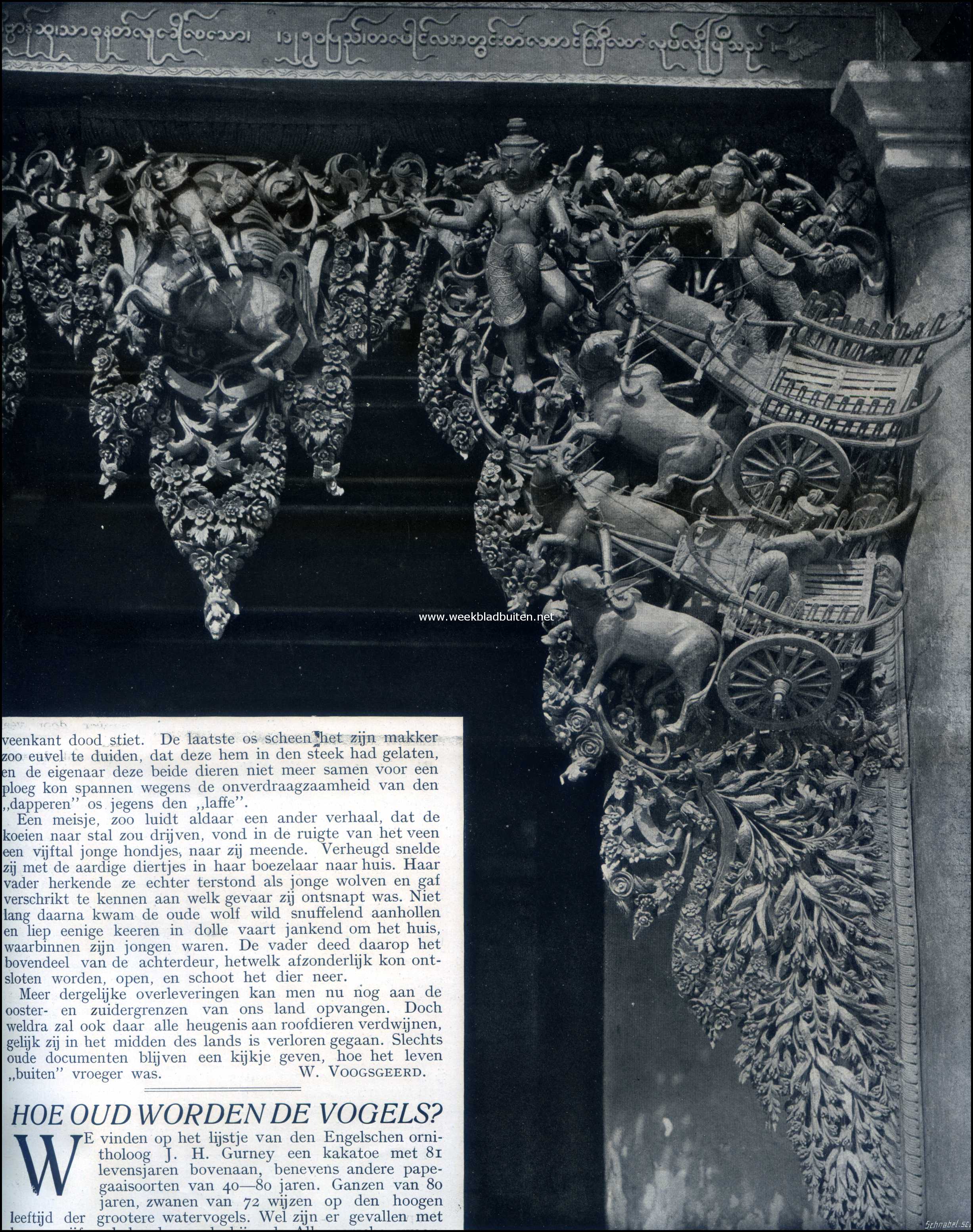 Engelsch-Indische Pagode. Een van de fraaiste pagoden van Engelsch-Indi� is die van Shwe Dagon in de merkwaardige stad Rangoon. Deze pagode zou reliquien van Gaudama, ja zelfs van de drie Budhas bevatten, die de Indische godsdienstige wereld v��r Gaudama bestierden. Het hier afbeelde beeldhouwwwerk is een detail van het boven de poorten der pagoda aangebrachte