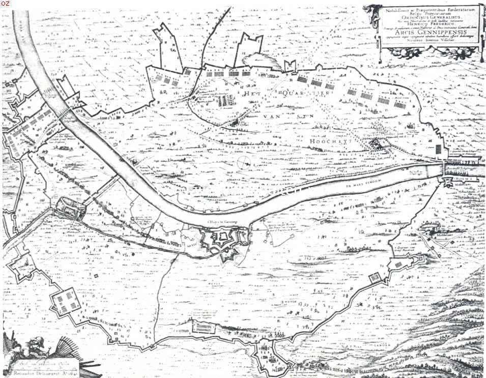 Gennep en het Genneperhuis (L.). Kaartje van Gennep en omgeving tijdens het beleg van Gennep door Prins Frederik Hendrik. (Naar een oude prent)