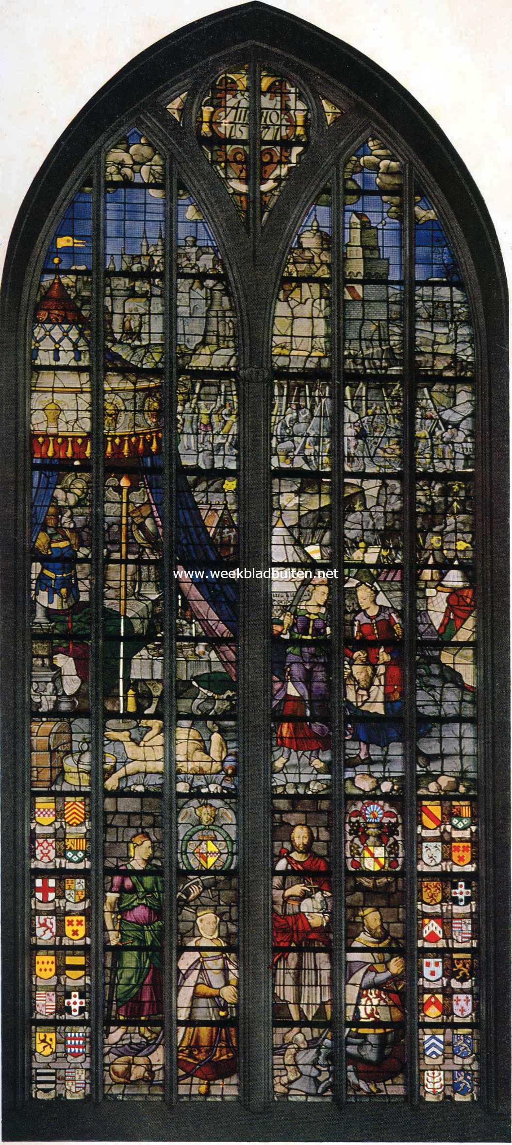 Reproductie van een der glasramen in de St. Janskerk te Gouda, voorstellende: het redden van het belegerde Bethuli, door het onthoofden van het legerhoofd Holofernus