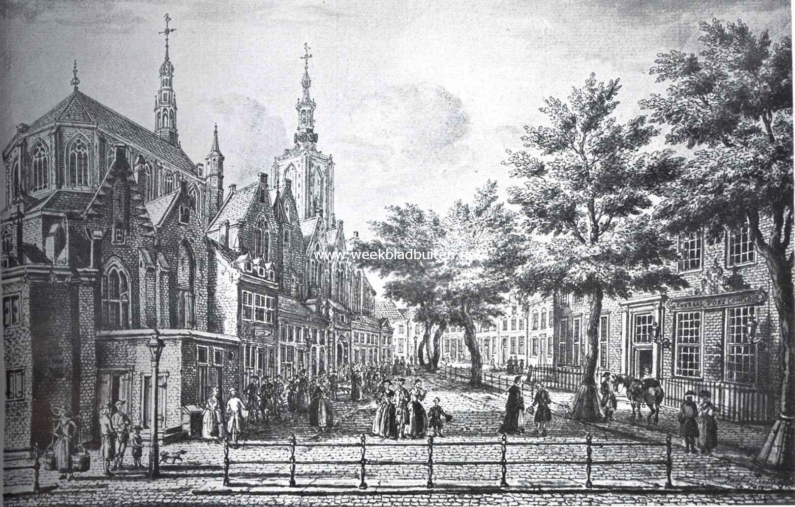 Sloopend herboren-Nederland. IV. Een eeuw slooperswerk in Den Haag. Riviervischmarkt met Groote Kerk, voor de vervanging der torenspits (1863) en de vergothiseering der aanbouwen (1860)