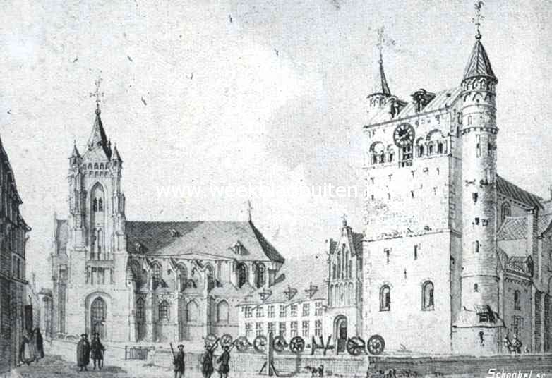 Sloopend herboren-Nederland VII. Wat te Maastricht in de jaren 1813-1913 is verdwenen. De in 1837 gesloopte St Nicolauskerk te Maastricht. Rechts: de nog bestaande O.L. Vrouwekerk