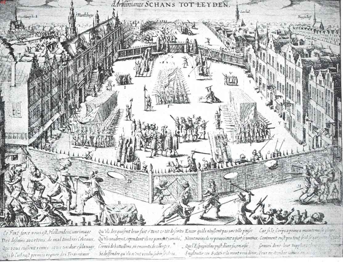 Het raadhuis te Leiden. De Arminiaansche Schans voor het raadhuis in 1617