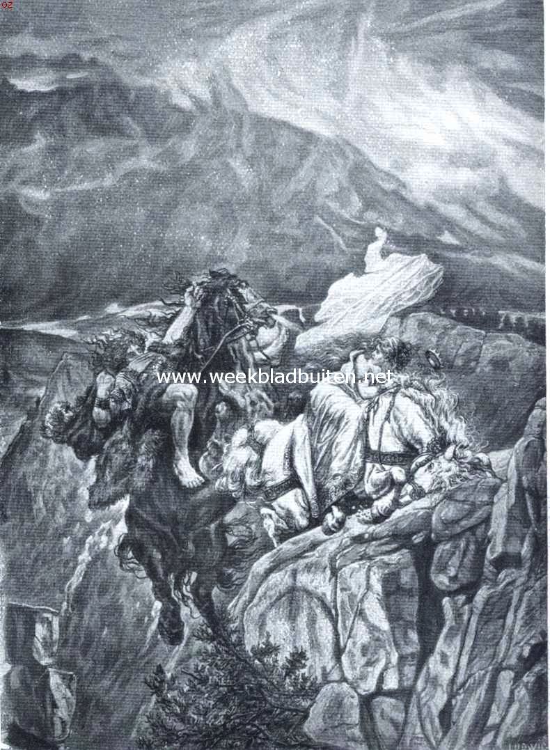 De legende van Rosstrappe. Brunhilde op haar witte paard de rots Bodo valt in den afgrond