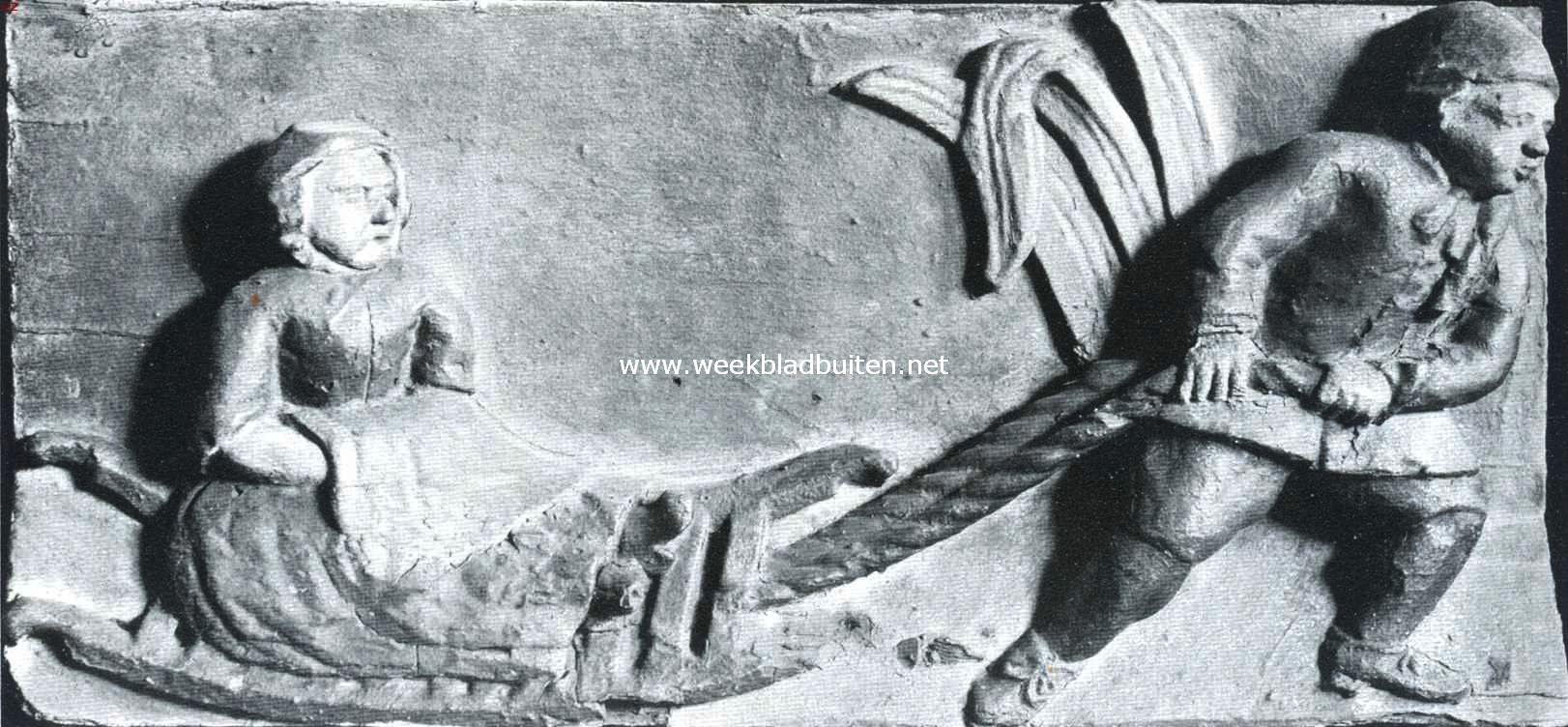Hoorn, de zeshonderdjarige. Houten bas-relief, voorstellende de vlucht van Lamberts Melisz. met zijn moeder van Westzaan naar Hoorn in Februari 1574, afkomstig van de in 1502 gebouwde en in 1872 gesloopte Westerpoort door welke Melisz. de stad was binnengekomen, en thans zich bevindende in het West-Friesch Museum