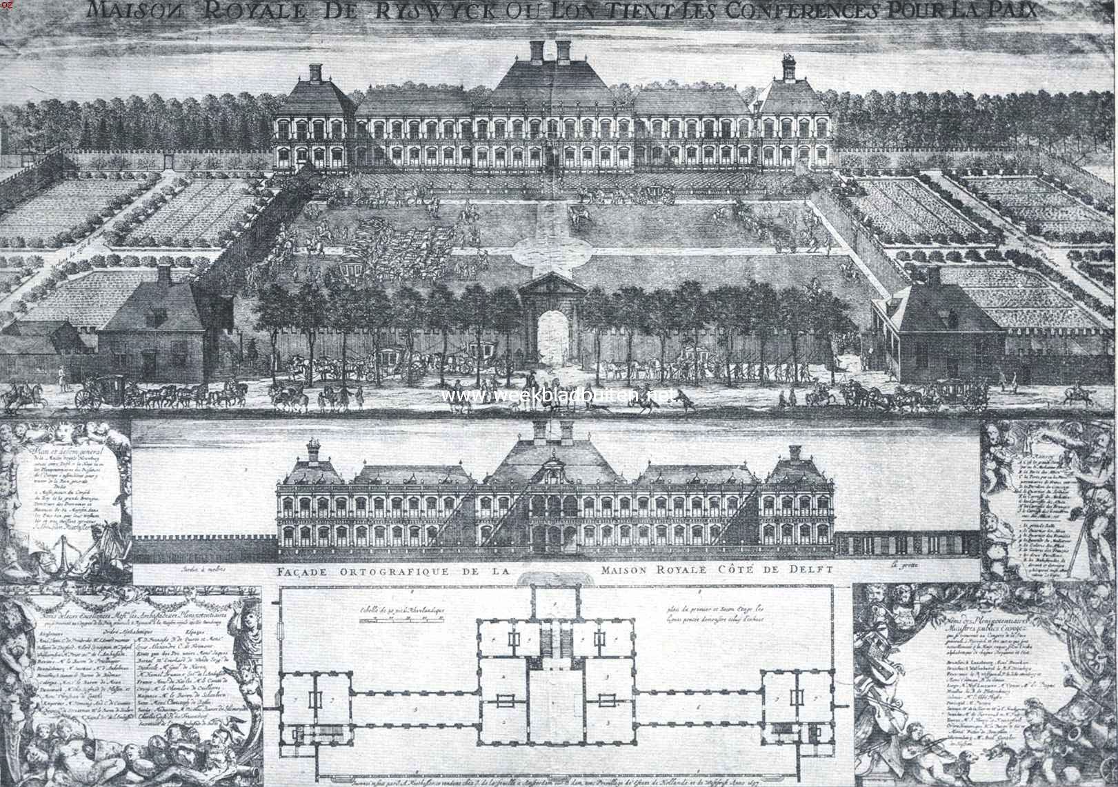Het Huis ter Nieuwburg, bij Rijswijk tijdens de bespreking over den vrede in 1697. Naar een kopergravure van J.A. Rietkesler in het Rijksprentenkabinet