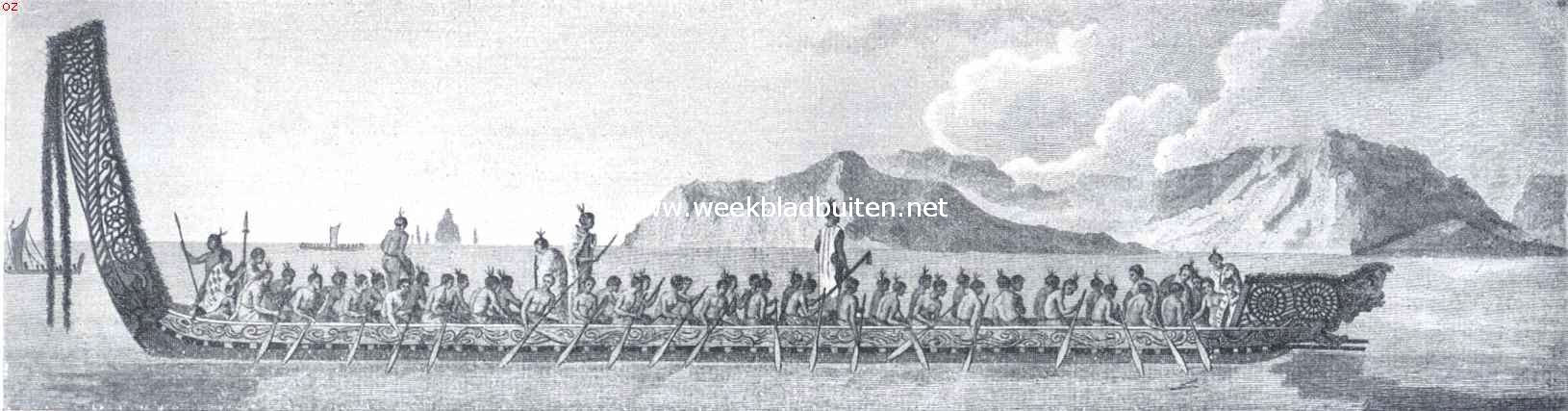 Maori-kunst. Oorlogsprauw der Maori's. Naar de afbeelding in James Cook's door I. D. Pasteur in het Nederlandsch vertaalde werk:  