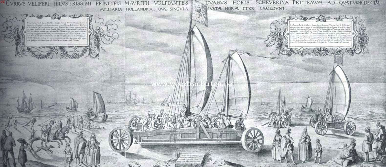 De zeilwagen van Prince Mouringh op het strand bij Petten. Naar den in 1652 verschenen laatsten (tweeden of derden druk) van een zeer zeldzame plaat, echter niet vr 1612 voor het eerst verschenen