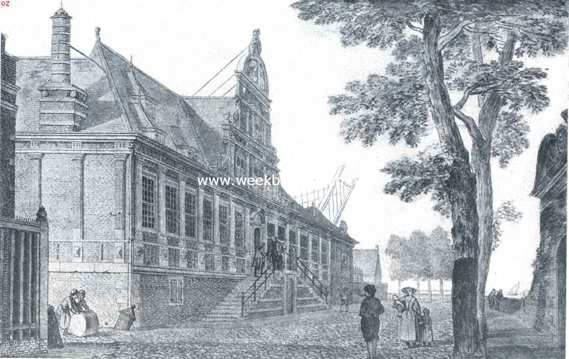 Gebouwen der O.-I. Compagnie. Het voormalig Oost-Indische Huis aan den Wierdijk te Enkhuizen, gebouwd in 1630 en verbrand in 1816. Naar een tekening ten Stadhuize