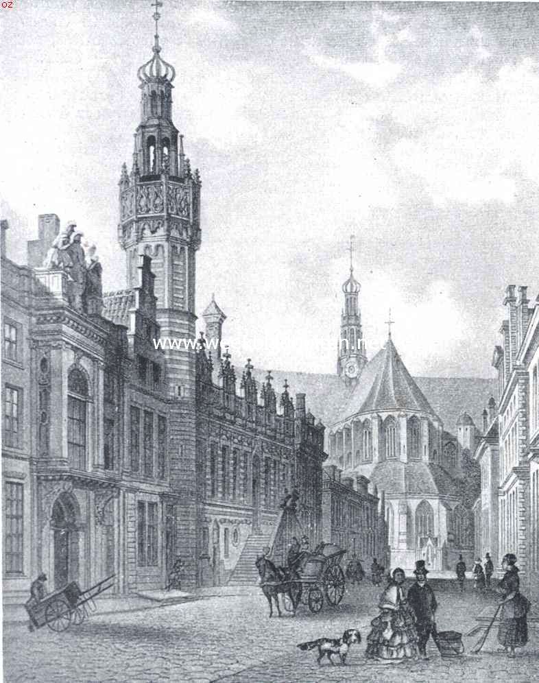 Het Stadhuis te Alkmaar. De Langestraat met Stadhuis v��r de vervanging van de aardige torenspits door eene in namaak-Gotischen stijl. Naar een teekening van L. Rohbock