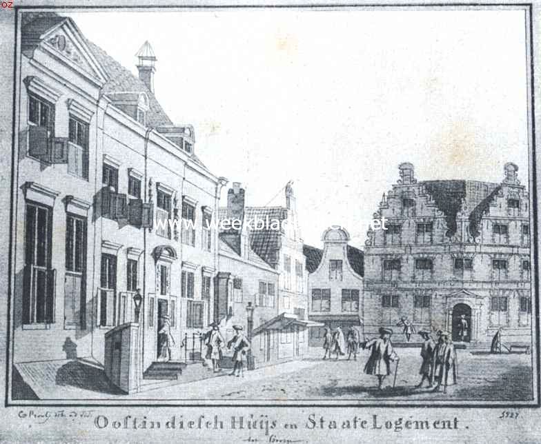 De gebouwen der O.-I. Compagnie. Het Oost-Indisch Huis aan de Muntstraat te Hoorn (links), gebouwd omstreeks 1683 en nog in hoofdzaak hetzelfde uiterlijk bewaard hebbend. Naar een teekening van C. Pronk