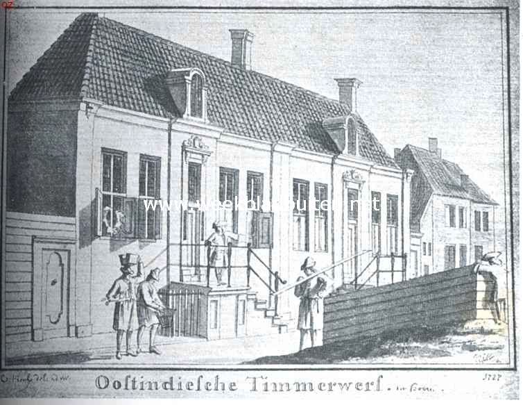 De gebouwen der O.-I. Compagnie. Huizen voor den equipagemeester en den meester scheepstimmerman bij den O.-I. werf te Hoorn. De werf en alle daarbij behoorende huizen zijn spoorloos verdwenen. Naar de teekening van C. Pronk