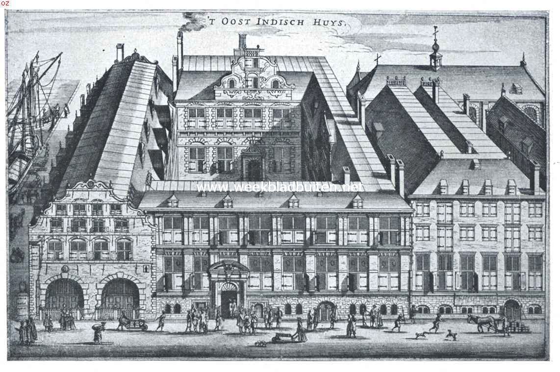 De gebouwen der O.-I. Compagnie. Het Oost-Indische Huis te Amsterdam, Hoogstraat-zijde, in de tweede helft der zeventiende eeuw. In dezen toestand is het gebouwen-complex gebleven tot de verbouwing van het 