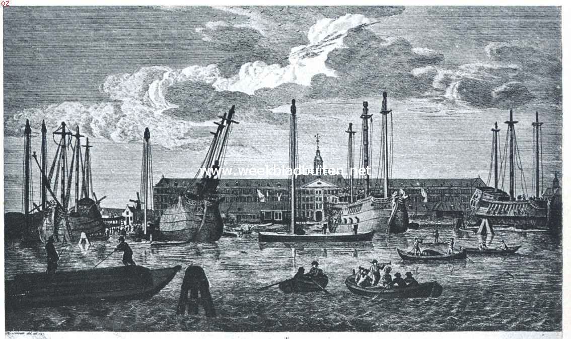 De gebouwen der Oost-Indische Compagnie. Gezicht uit het IJ op het Oost-Indische Zeemagazijn en de werf te Amsterdam. Gravure naar de teekening van H. Schouten. Uit den atlas Fouquet