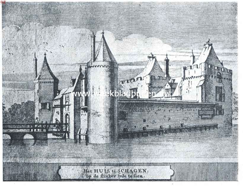 Het slot te Schagen in de 17de eeuw, gezien van het Noordwesten. Naar de ets van J. Spilman