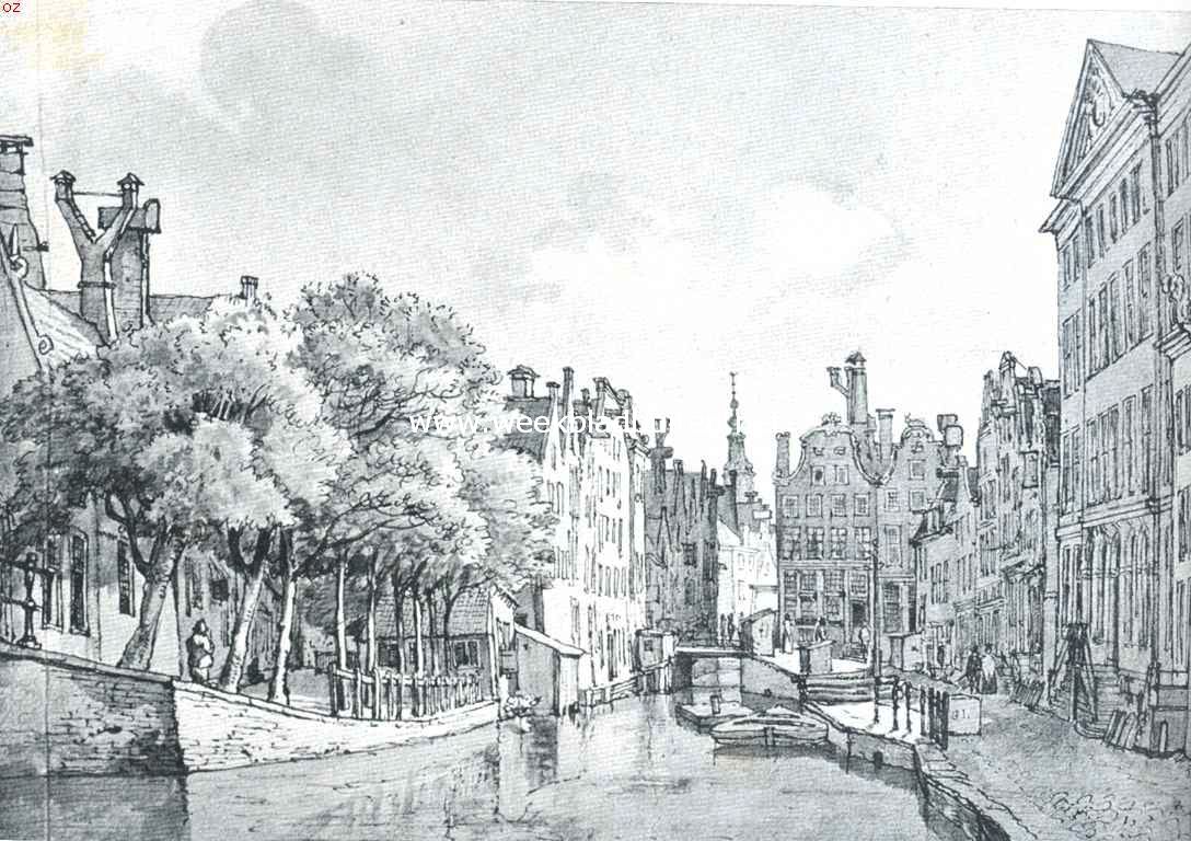 Grachtenschoon. Het Spui, gezien naar de Kalverstaart, omstreeks 1817. Naar de teekening in O.-I. inkt en sepia van G. Lammers (Stedelijk archief)