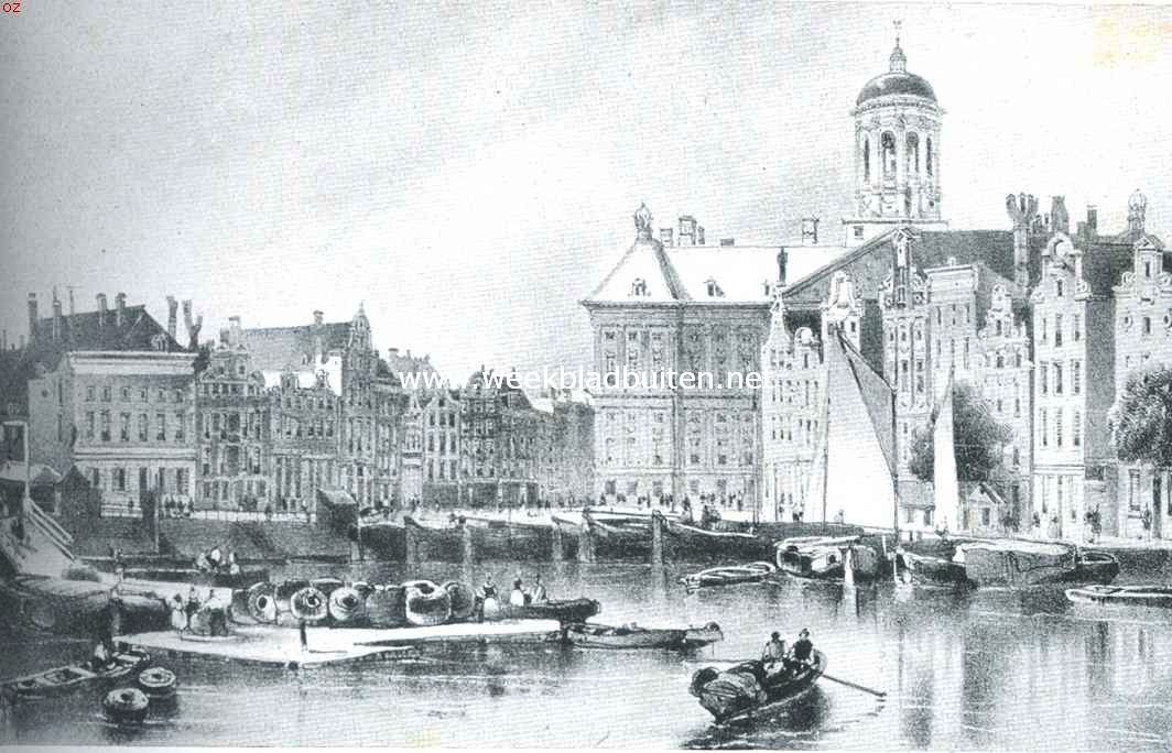 Grachtenschoon. Het Damrak bij den Dam omstreeks 1850. Naar de staalgravure van H. van Hove Bzn. (Stedelijk archief)