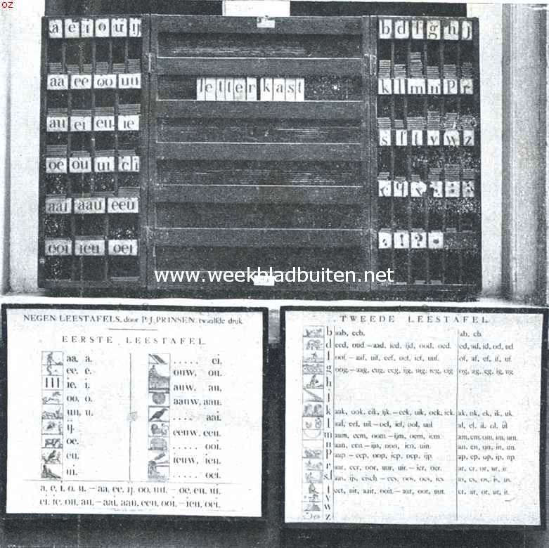Uit de oude school. Letterkast met bord en letterhoutjes. Daaronder de eerste en tweede leestafel van Prinsen