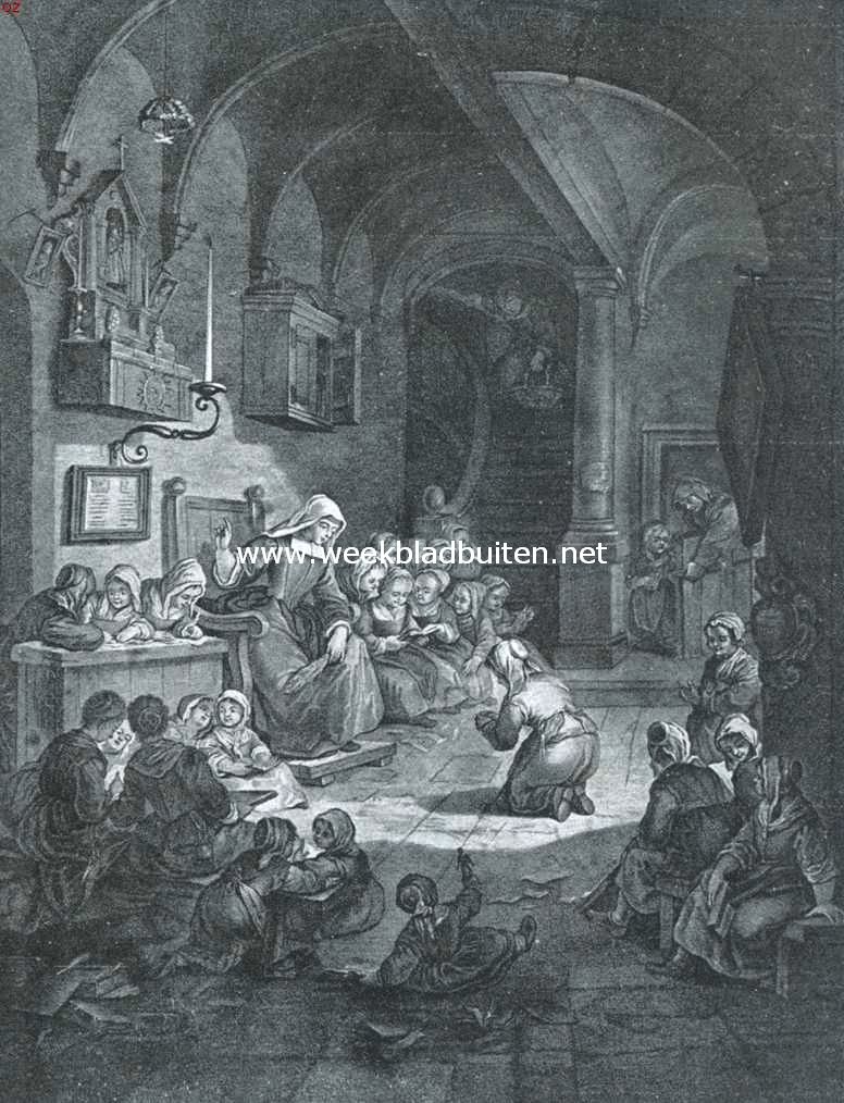 Uit de oude school. Vlaamsche meisjesschool einde zeventiende eeuw. Naar een plaat in het schoolmuseum