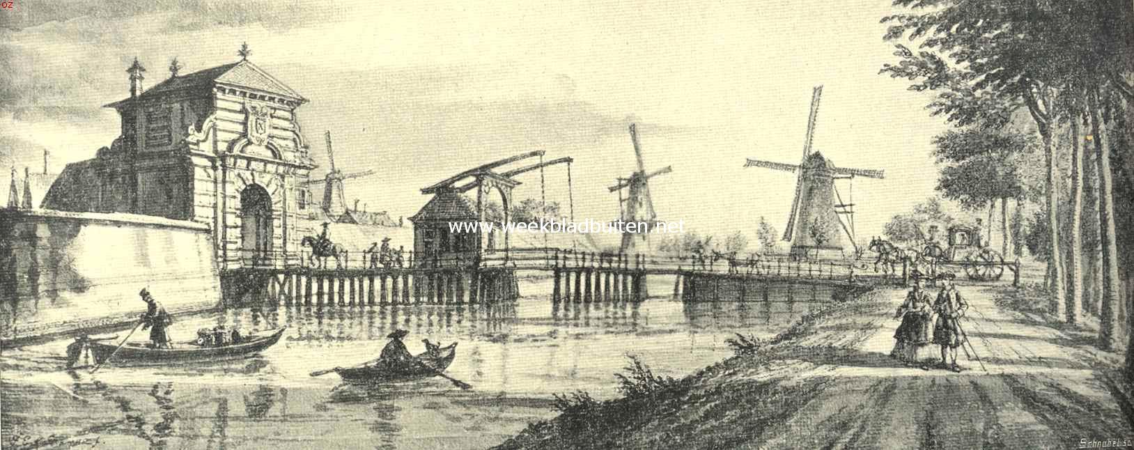 De poorten van Leiden. De (Nieuwe) Rijnsburgsche Poort, gebouwd in 1632, gesloopt in 1867. Naar de teekening van J.E. de la Fargue in het gemeentearchief te Leiden