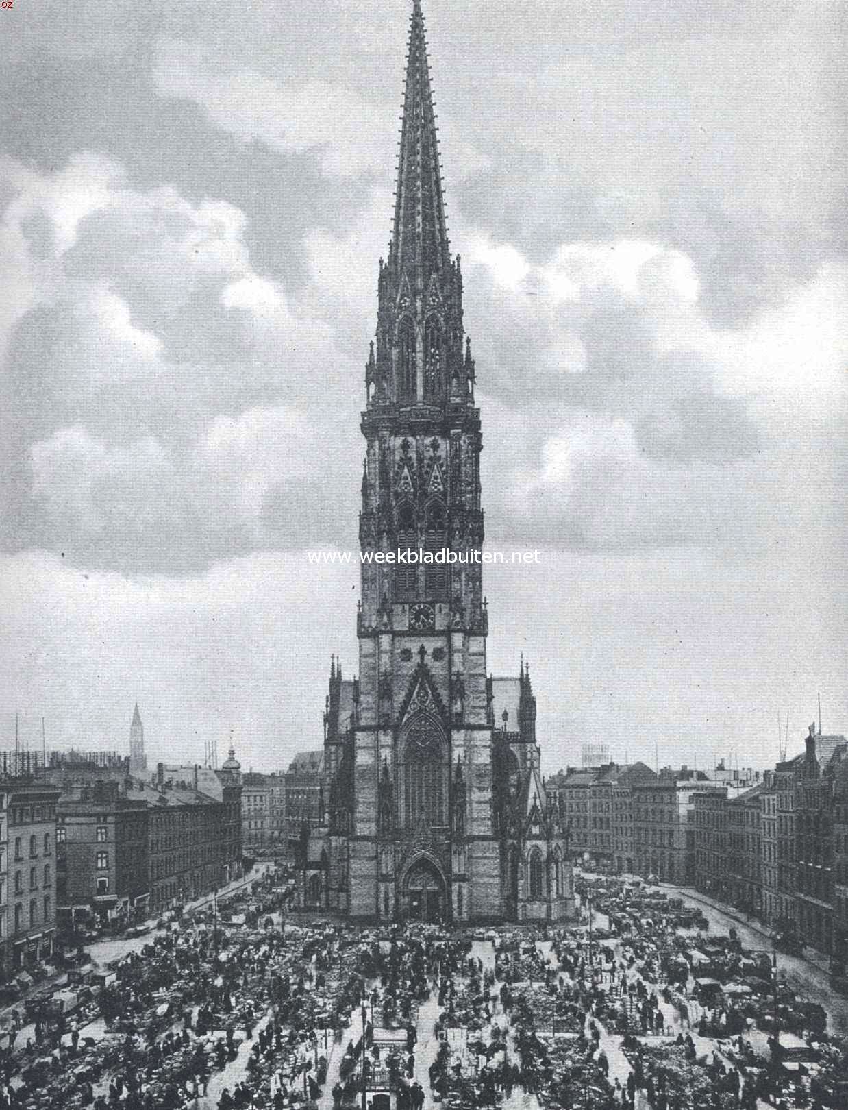 Hamburg in rustige tijden. De markt voor de Nicolaaskerk in vollen gang