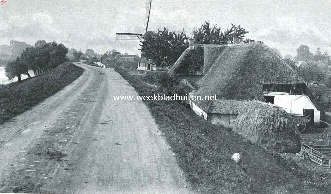 Het kasteel Waardenburg. Molen met molenaarswoning aan den dijk bij Waardenburg