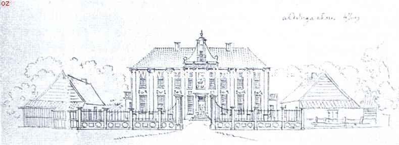 Het Huis Oldengaerde en de vroegere havezathen te Dwingeloo. Het Huis Oldengaerde omstreeks 1730. Naar een teekening van C. Pronk in het Rijksprentenkabinet