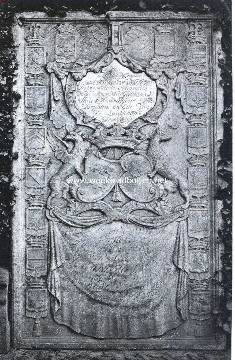 Het Huis Oldengaerde en de vroegere havezathen te Dwingeloo. Grafsteen van Cornelis van Dongen, thans geplaatst op het voorplein van Oldengaerde