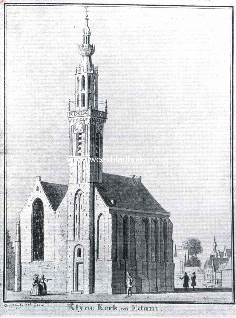 De voormalige Kleine of Lieve Vrouwe Kerk te Edam, waarvan nog slechts de sierlijke toren is overgebleven. Naar de teekening van C. Pronk