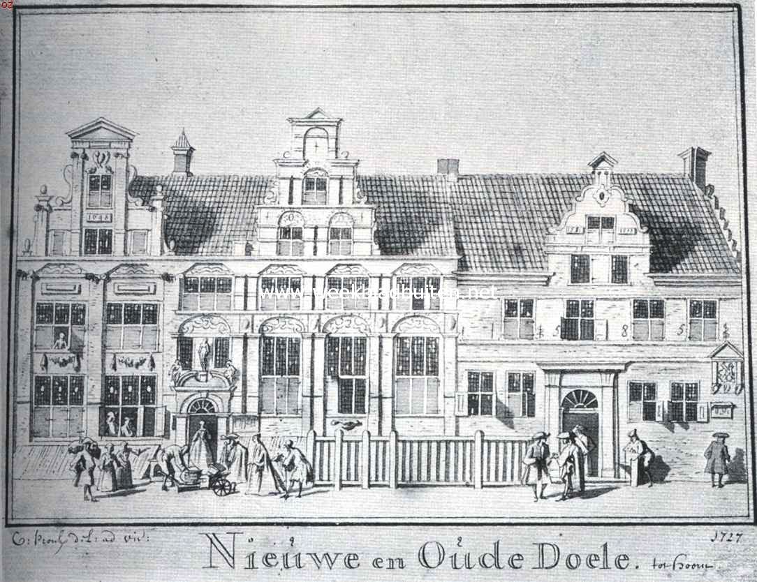 De Doelen te Hoorn. De Nieuwe (links) en Oude Doelen (rechts) te Hoorn in hun oude pracht. Naar de teekening van C. Pronk