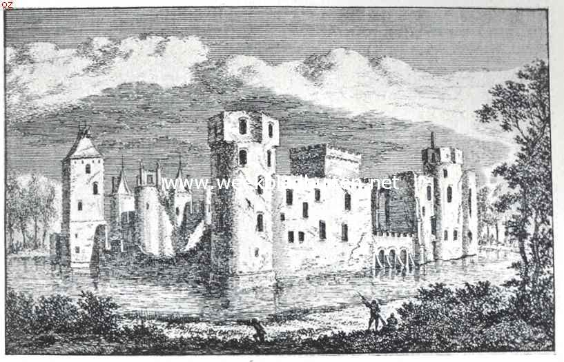 De Egmonden. De bouwvallen van het beroemde slot te Egmond aan den Hoef omstreeks 1680. Slechts van den vierkante toren links op dit prentje te zien, is een brokstuk overgebleven