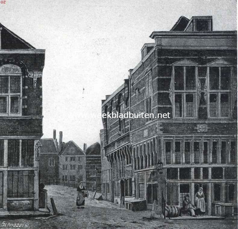 Dordrecht. Kijkje in Oud-Dordrecht bij de Nieuwbrug. Rechts de huizen Samson en het Cruys, in 1847 gesloopt voor de verbreeding van den toegang tot de Nieuwbrug. In het Huis Samson woonde van 1623-1658 de schilder Albert Cuyp