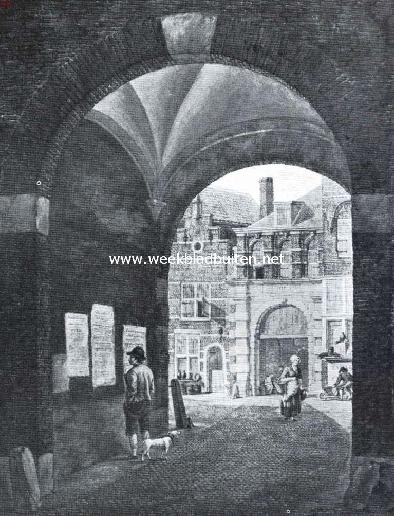 Dordrecht's stadspoorten. Gezicht door het Oude- op het Nieuwe Vuilpoort. Gesloopt in 1863. Naar de teekening in kleuren door J. van Lexmond in het gemeentearchief