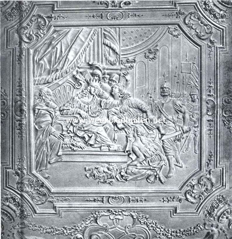 Het stadhuis van Maastricht. Plafond in de Commissiekamer, voorstellende Salomo's Oordeel. Stucwerk van de Maastrichtenaar Gilles Doyen, eerste helft achttiende eeuw
