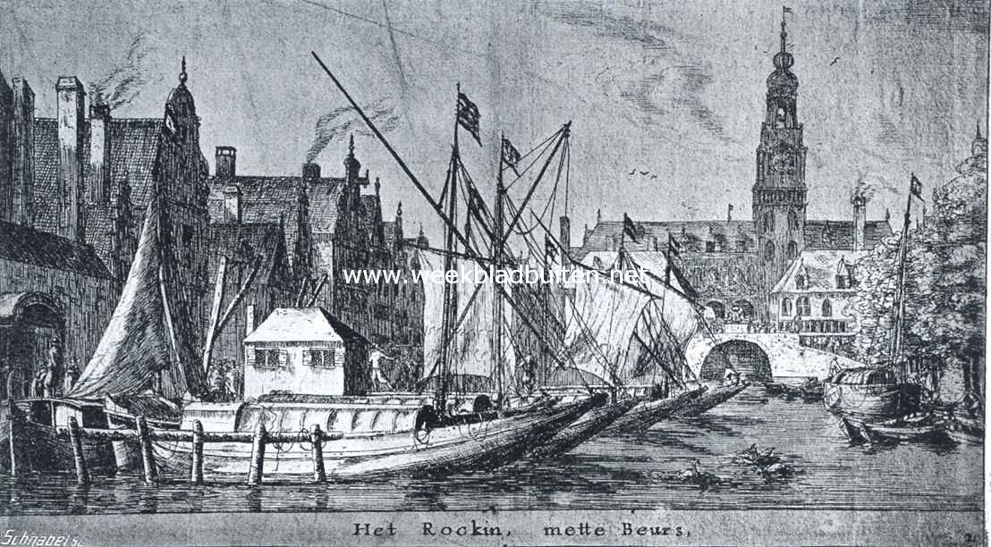 De drie Beurzen van Koophandel te Amsterdam. Het Rokin in de eerste helft der zeventiende eeuw, met beurs op den achtergrond. Naar de ets van R. Zeeman