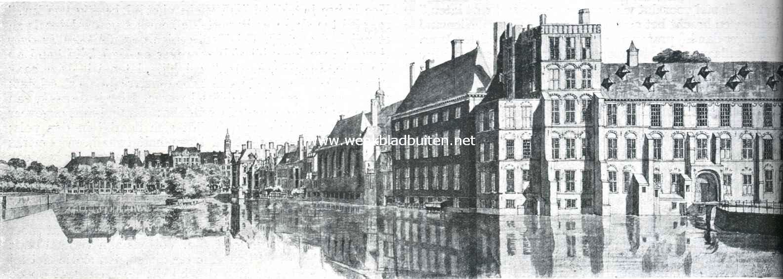 Het Binnenhof. Gezicht op den Vijver en de Binnenhofgebouwen in de 19e eeuw, v��r de slooping van de Hofkapel. Rechts de behuizing der Eerste Kamer met de Stadhouderspoort