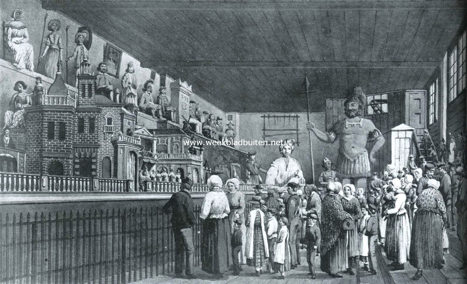 Oude doolhoven te Amsterdam. Een vertooning der beelden in het oude doolhof. Naar een aquarel van J.M.A. Rieke (1872)