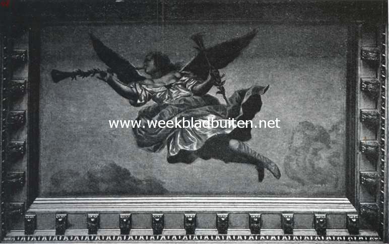 Detail van het plafond der receptiezaal in het Trippenhuis. De faam, die den vrede verkondigt