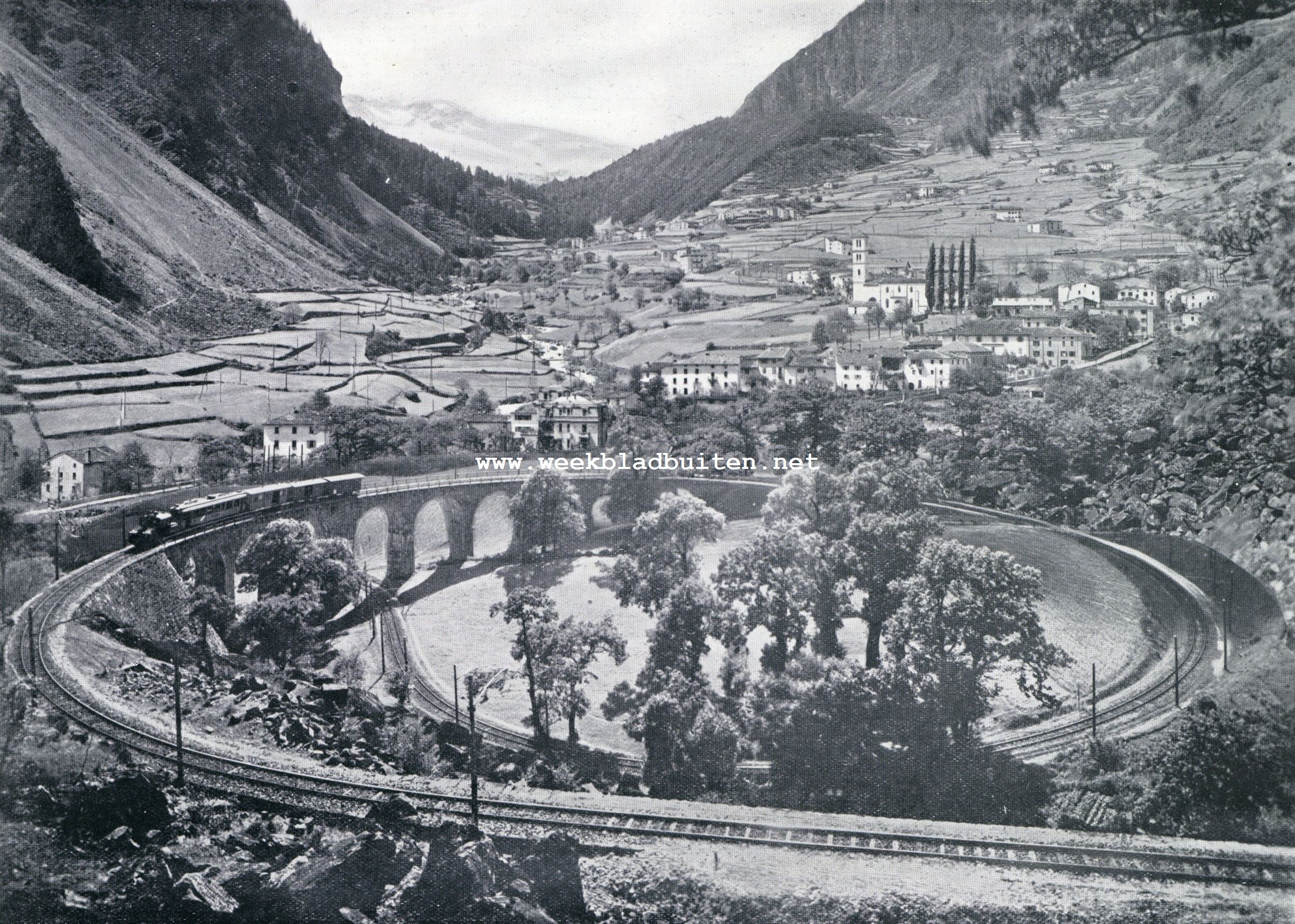 Bernina-betoovering. De cirkelvormige bocht van den Bernina-spoorweg bij Brusio
