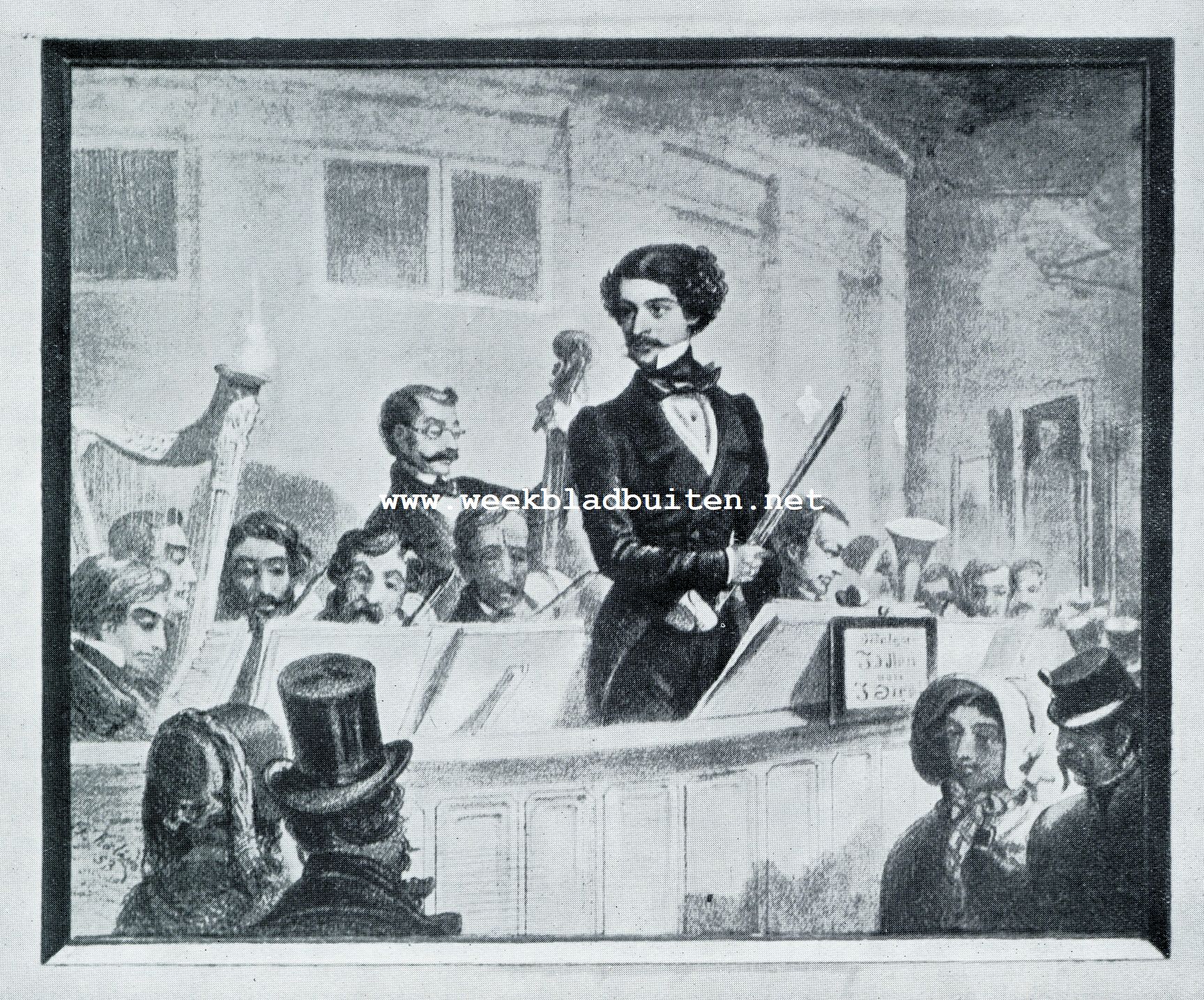 Een Johann Strauss-tentoonstelling te Weenen. De walskoning in zijn jeugd als dirigent van een kapelletje in den Weener 