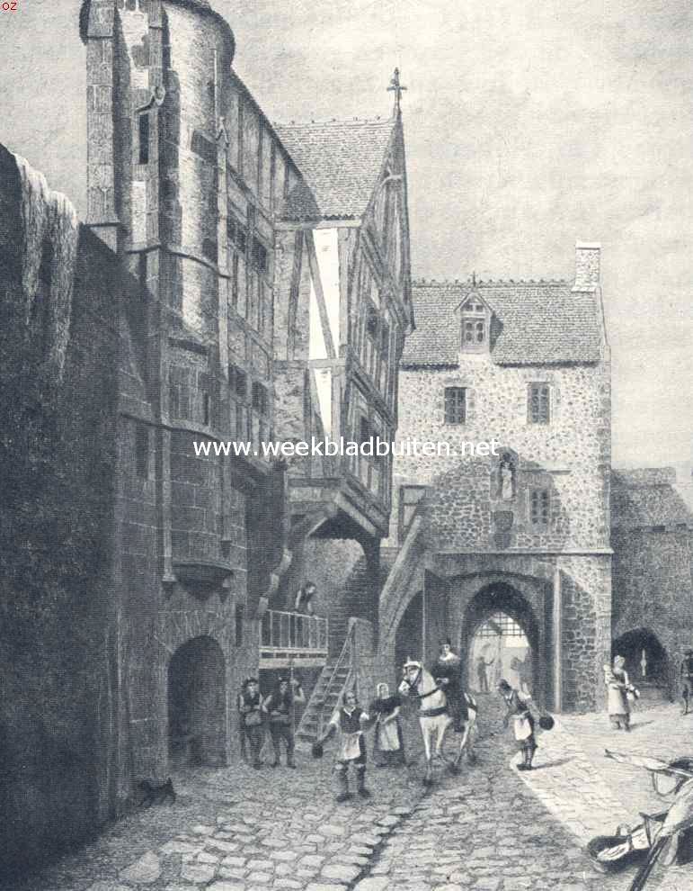 Mont Saint Michel. De Mont Saint Michel, Maison de l' Arcade, en Porte de Roy (15e eeuw). Naar de ets van Henri Voisin. Deze gebouwen zijn ongeveer in denzelfden staat bewaard gebleven