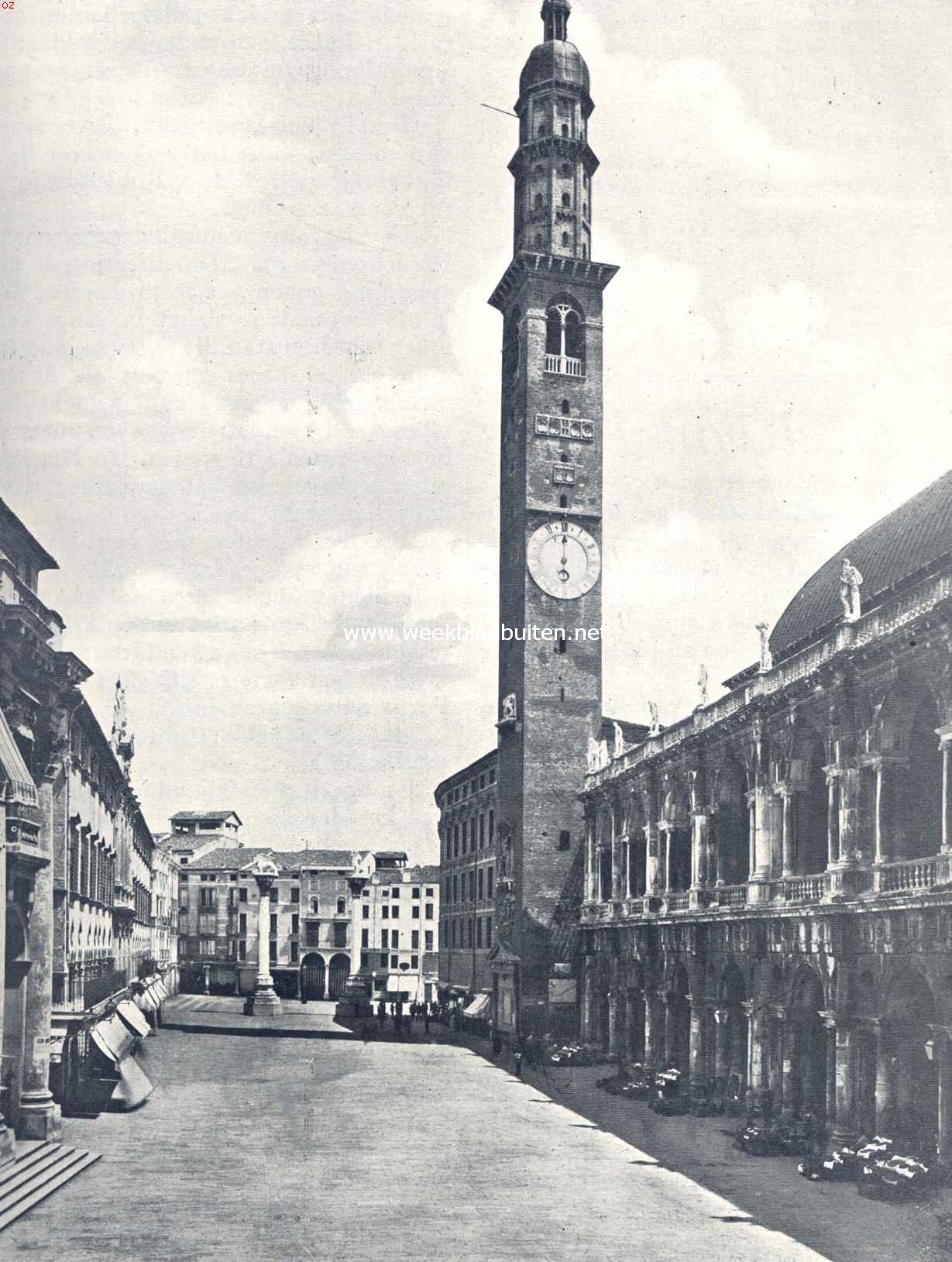 De Piazza dei Signori te Vicenza. Rechts het Palazzo della Ragione, een oud Gothisch paleis, waaromheen een renaissance-basiliek gebouwd is. Daarachter de meer dan 80 m hooge Campanile, bekroond door een Renaissance-koepel. Op den achtergrond de beide Venetiaansche zuilen, resp. bekroond door den leeuw van S. Marco en den H. Theodosius, een symbool van Venetiaansche oppermacht over Vicenza