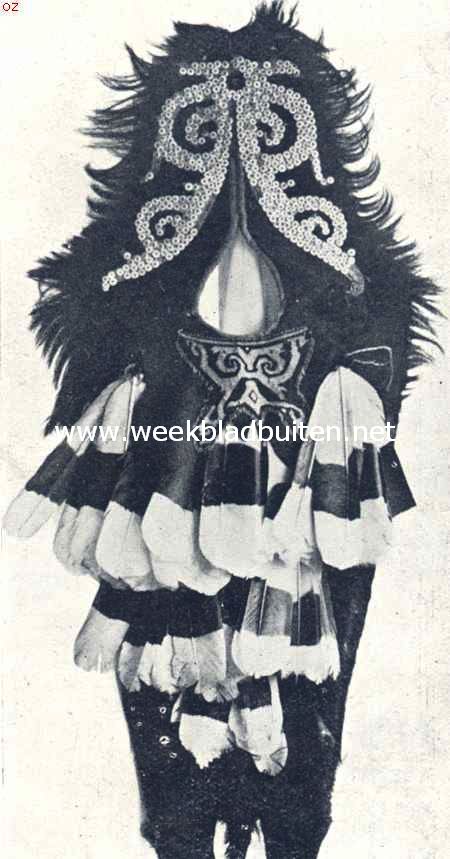 Krijgsmantel der Dajaks. Versierd met de veeren van den neushoornvogel en witte knoopjes (vroeger schelpjes). Door het gat steekt de krijger het hoofd. Het met kraaltjes versierde gedeelte valt over de borst, het andere over den rug. Beide zijn ze daardoor beschermd